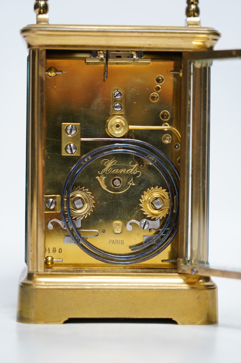 A late 19th century Henri Jacot brass cased eight day repeating carriage clock, 15cm. Condition - good, not tested as working